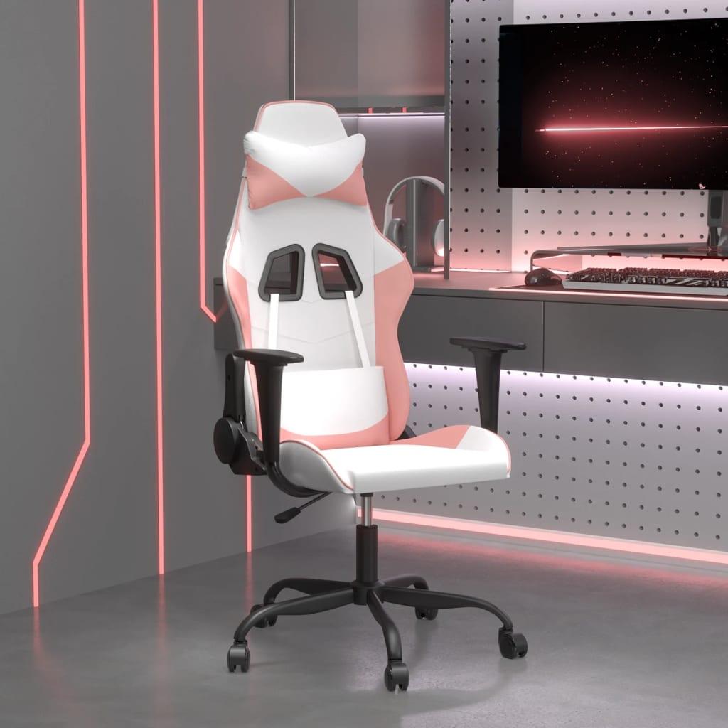 Gamingstol Med Massage Kunstlæder Hvid Lyserød