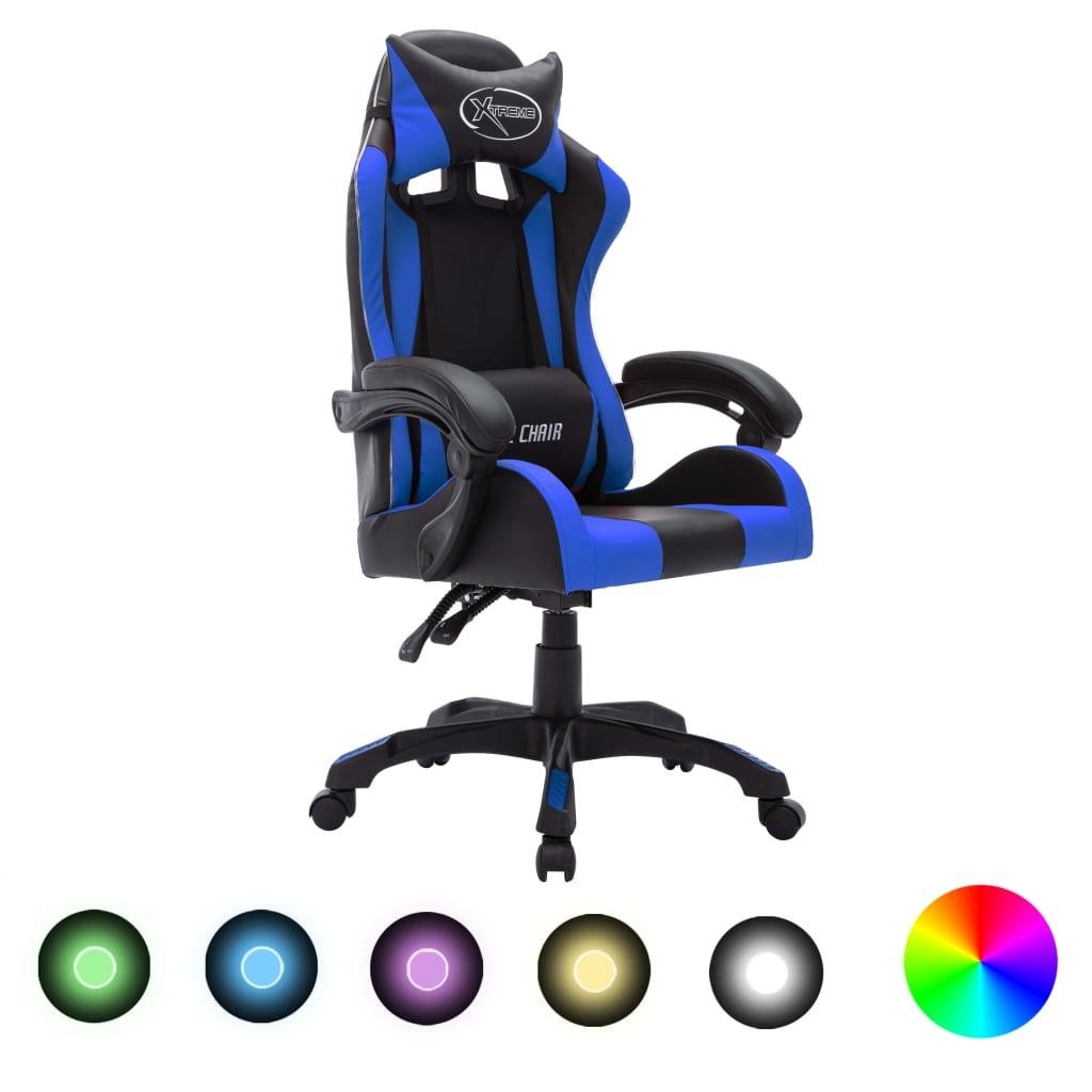 Gamingstol Med Rgb Led Lys Kunstlæder Blå Sort Højdejusterbar Drejestol